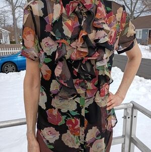 Ralph Lauren Sz Medium Floral Ruffle Sheer Blouse